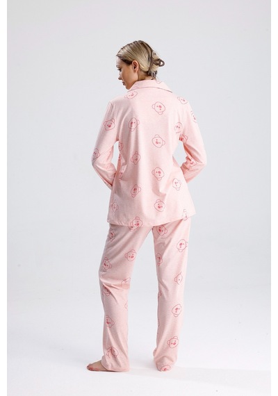 Yeni İnci Ayıcık Desen Pamuk Kadın Pijama Takım Pembe