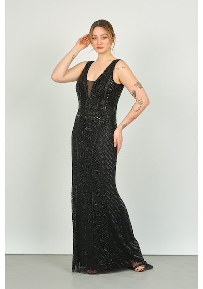 Gatsbylady London Kadın Sırt Dekolteli Full Taş İşlemeli Uzun Abiye Elbise 2510 Siyah