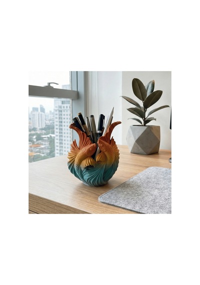 Dekoratif Koi Balığı Figürlü Kalemlik & Vazo - 3d Tasarım Modern Masaüstü Organizer 14x10cm