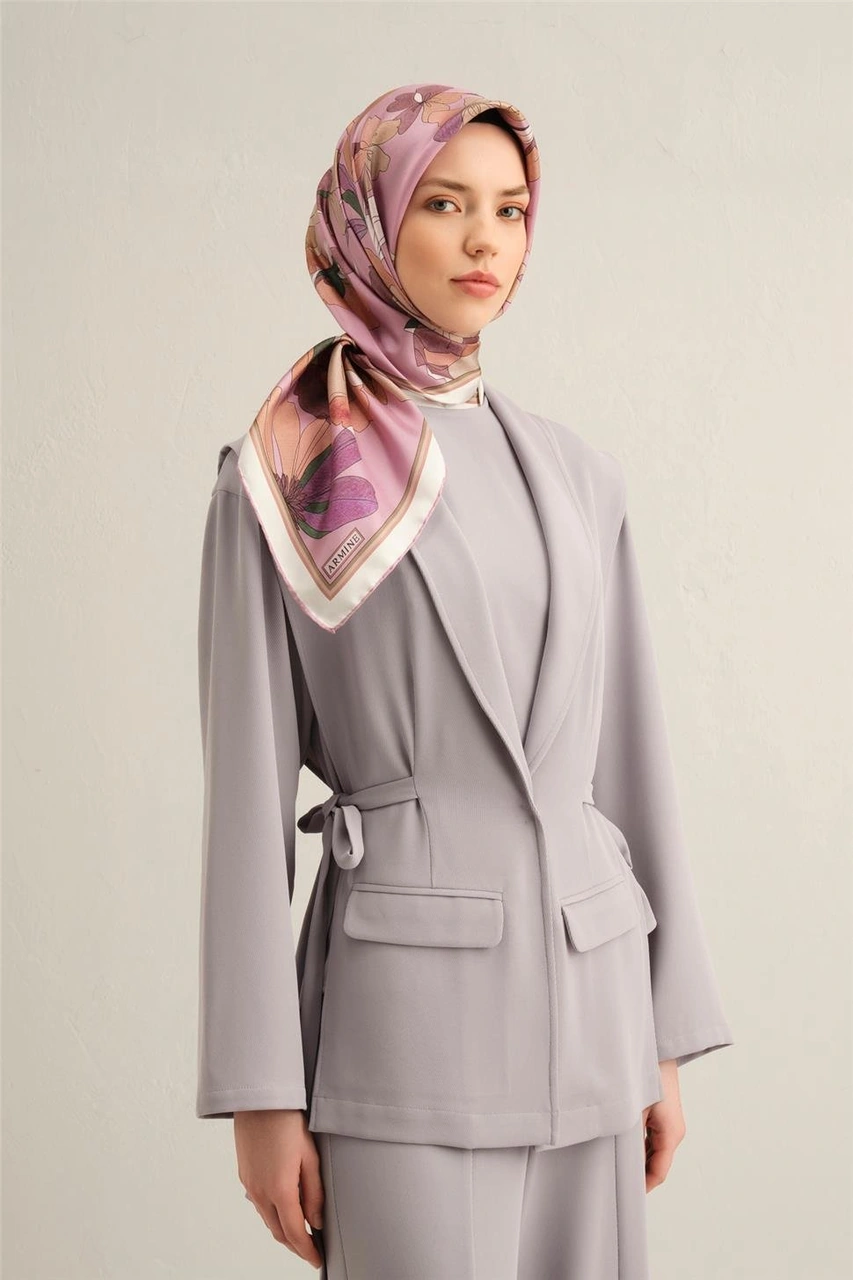 Armine Çiçek Desenli Saf İpek Twill Eşarp 9312d 58 Lila