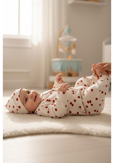 Breeze Kız Bebek Tulum Sevgi Temalı Kalp Desenli 0-6 Ay, Krem Krem