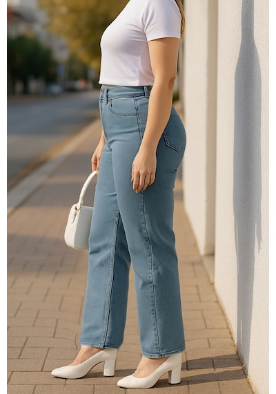 Cedy Denim Cedy Denım - Kadın Büyük Benden Boru Paça Yüksek Bel Regular Fit Likralı Pantolon C626 Açık Mavi