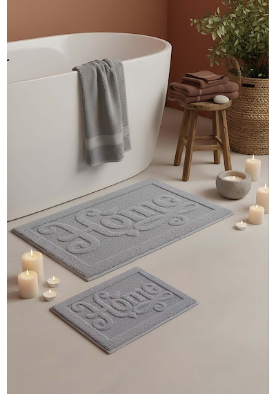Açık Gri Home Kabartmalı Pamuklu 2 Li Banyo & Klozet Paspas Takımı Gri