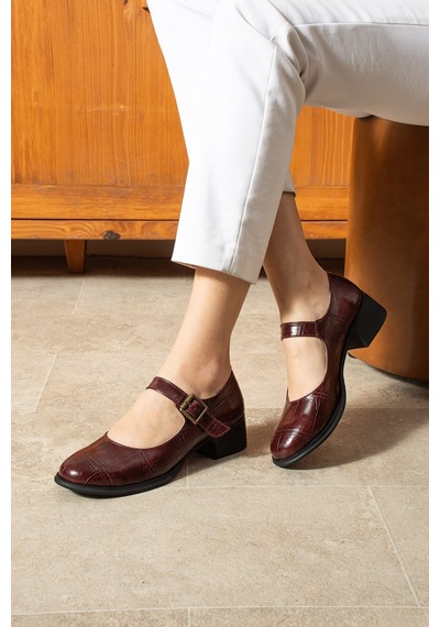 Dabab Shoes Clarıssa Kadın Bordo Ortopedik 4 Cm Topuklu Tokalı Yuvarlak Burun Balerin Babet Klasik Ayakkabı