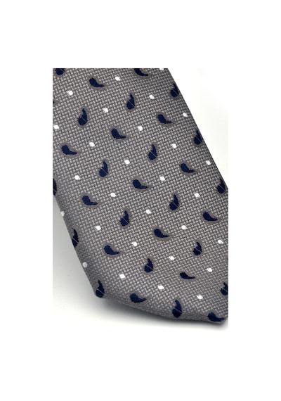 Gaffy Beyaz Lacivert Desenli Gri Dokuma Kumaş Mendilli Slim Fit Kravat // Sdk-2612-3 Gri