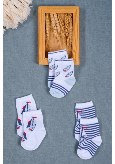 Cocole Socks Erkek Çocuk Soket Çorabı 3 Lü Set Pamuklu Marin & Nautical Desenli Çok Renkli