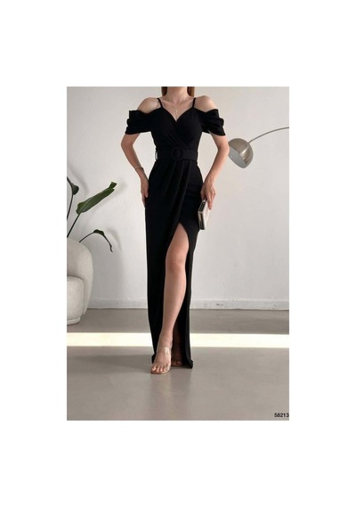 Lior Design Kadın Trend Krep Kumaş V Yaka Yırtmaçlı Abiye Elbise Siyah