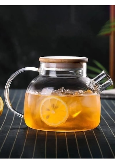 Vakumlu Bambu Kapaklı Isıya Dayanıklı Borosilikat Cam Demlik, Süzgeçli 1000 Ml Teapot.deconox Vakumlu Bambu Ka Diğer