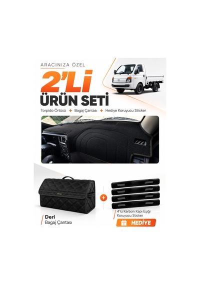 E-biz Hyundai H100 2020-2024 Uyumlu Torpido Örtüsü + Deri Bagaj Çantası Seti - Siyah - Hu023