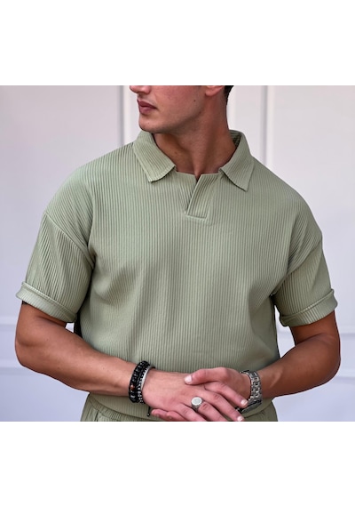 Modefendi Fitil Desen Kesik Yaka Oversıze T-shirt Fıstık Yeşili