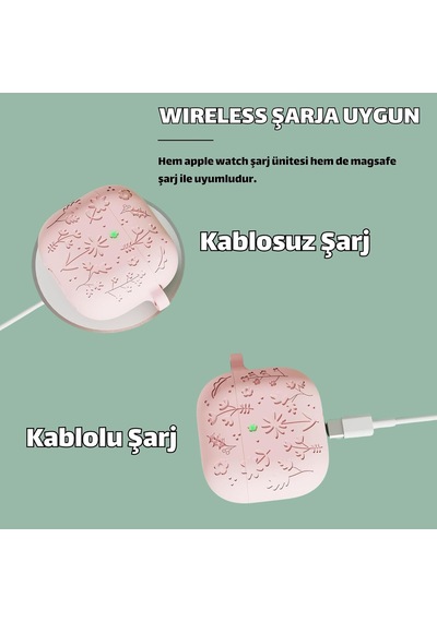 Airpods 4. Nesil Uyumlu Çiçek İşlemeli Premium Silikon Kulaklık Kılıfı Ve 3'ü 1 Arada Bluetooth Kulaklık Temizleme Kalemi Seti Pembe