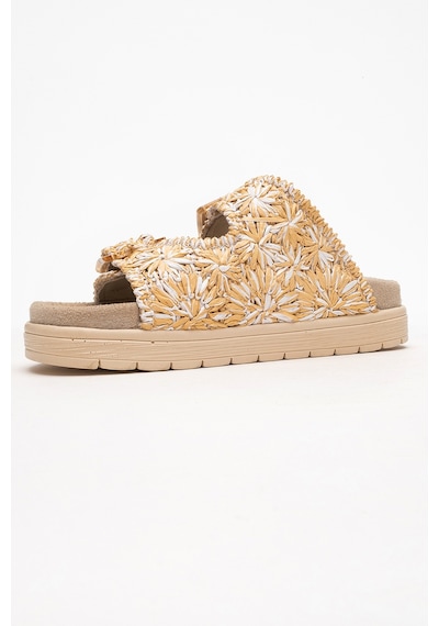 Luvishoes Luvi Shoes Mılana Bej Desenli Hakiki Deri Tokalı Çift Bantlı Kadın Terlik Bej