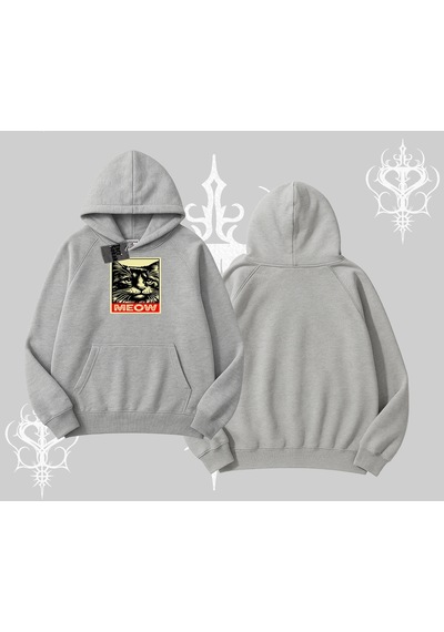 Startmore Meow Yazılı Kedi Portre Baskılı Kapşonlu Sweatshirt Gri