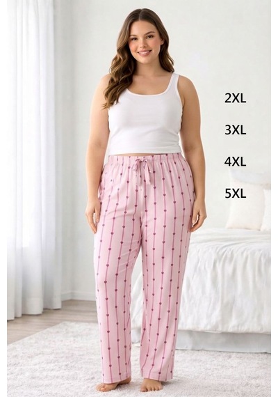 Viskon Pamuklu Kadın Büyük Beden Açık Pembe Desenli Pijama Pantolon - Mgb007 - Mudanis