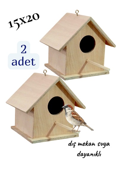 Ahşap Kuş Yuvası Kuş Evi Dış Mekan Suya Dayanıklı 2 Adet 15x15x20 Cm