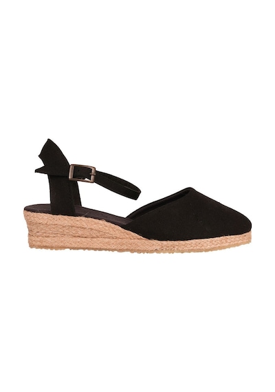 Star Tombis Gerçek Elişi Topuğu Açık Bilekten Bantlı 3cm Dolgu Topuk Siyah Keten Hasır Espadril Handmade Siyah