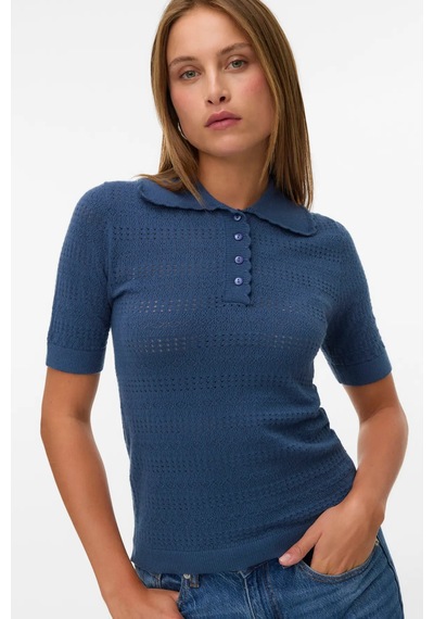 Vero Moda Kadın Vmlımone Polo Yaka Kısa Kollu Kazak 10340101 Indigo Indigo