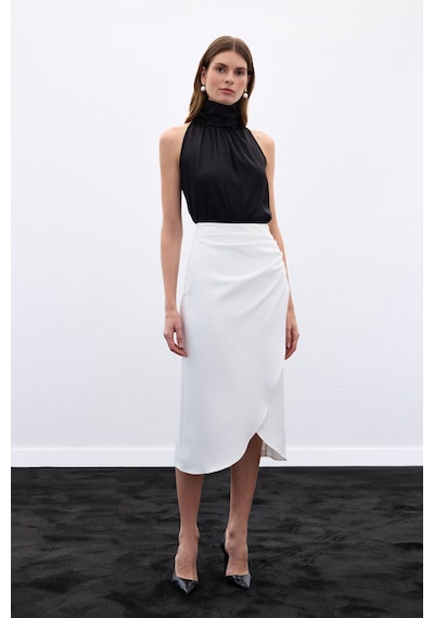 Sateen Düğme Detaylı Kalem Etek - Ekru-136778 Ekru