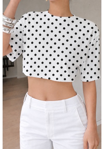 Hımmelduf Kadın Puantiye Desenli Crop Tişört Basic Oversize Yazlık Bluz Beyaz