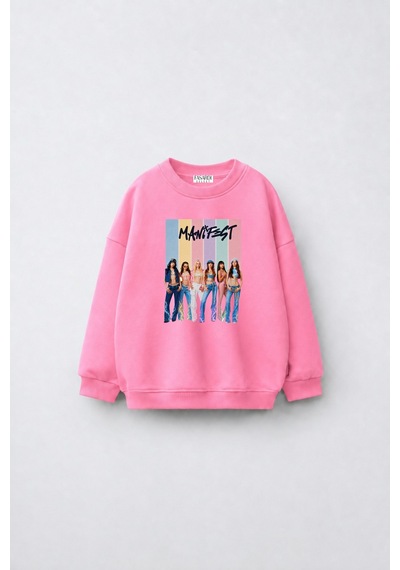 Fasardi Super Bear Adventure Baskılı Oversize 3 İplik Şardonsuz Uzun Kollu Unisex Çocuk Sweatshirt Pembe