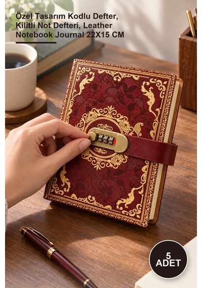 5 Adet Şifreli Deri Defter Özel Tasarım Kodlu Defter, Kilitli Not Defteri, Leather Notebook Journal 22x15 Cm