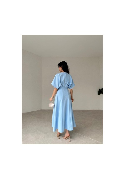 Afiş Butik Kemer Detaylı Yırtmaçlı Piliseli Midi Elbise Bebe Mavisi Bebe Mavisi