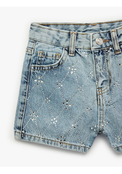 Koton Slim Fit Pamuklu Cepli Taş Detaylı Mini Denim Şort Lıght Indıgo 6skg40007ad Açık Mavi