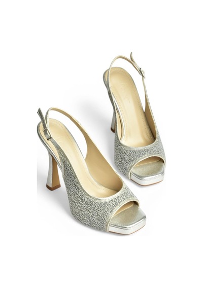 Fox Shoes Y569925214 Gümüş Sim Minik Taş Detaylı Kalın Topuklu Abiye Ayakkabı