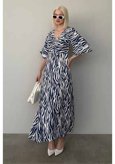 Madmext Lacivert Zebra Desenli V Yaka Yarım Kollu Elbise Mg2394