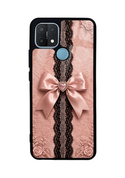 Oppo A15 Pink Lace Bow Tasarımlı Glossy Telefon Kılıfı Pembe