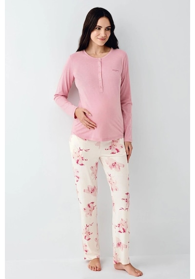 Pierre Cardin 9059 Hamile Lohusa Düğmeli Bisiklet Yaka Pijama Takımı - Gül Kurusu