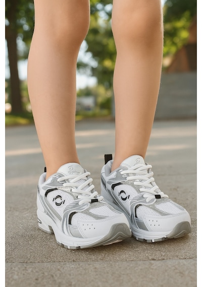 Mini Günlük Unisex Beyaz Siyah Sneaker Kaymaz Yüksek Taban Desenli Triko Bağcıklı Koşu Spor Ayakkabı Beyaz - Gümüş