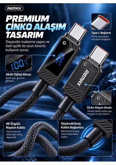 Remax Suxien Rc-c069 100w Pd Dijital Ekranlı Type-c To Type-c Hızlı Şarj Ve Data Kablosu 1.2 Metre Siyah