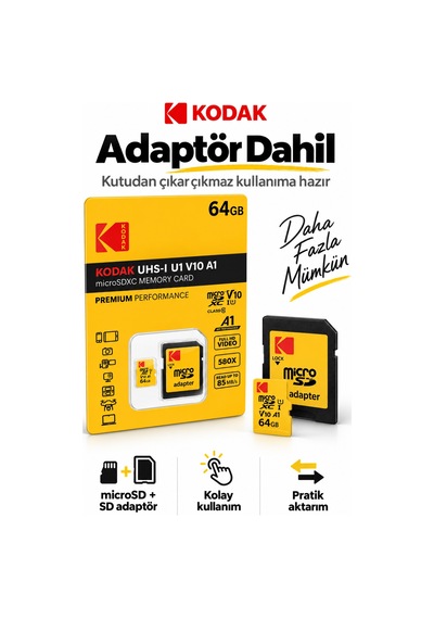 64gb Microsdxc Hafıza Kartı Uhs-ı U1 V10 A1 85 Mb/s Full Hd Sd Adaptörlü