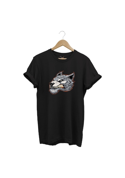 Kızgın Agresif Kurt Tasarım Baskılı %100 Pamuk Regular Fit Bisiklet Yaka Premium Siyah T-shirt Siyah
