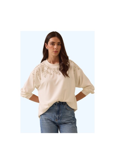 Seçil Yuvarlak Yaka Taş İşlemeli Sweatshirt Beyaz - 692505542 Beyaz