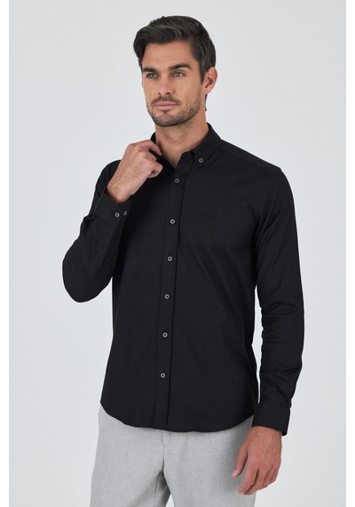 İmza Uzun Kol Düz Bez Ayağı Düğmeli Yaka Cepsiz Pamuklu Casual Slim Fit Gömlek 1004250212 Siyah İmza Uzun Kol Düz Bez Ayağı Düğmeli Yaka Cepsiz Pamuklu Casual Slim Fit Gömlek 1004250212 Siyah