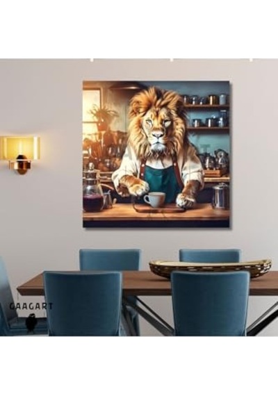 Kare Kanvas Kahve Köşesi Cafe Tablosu Barista Yeleli Aslan, 40 X 40 -