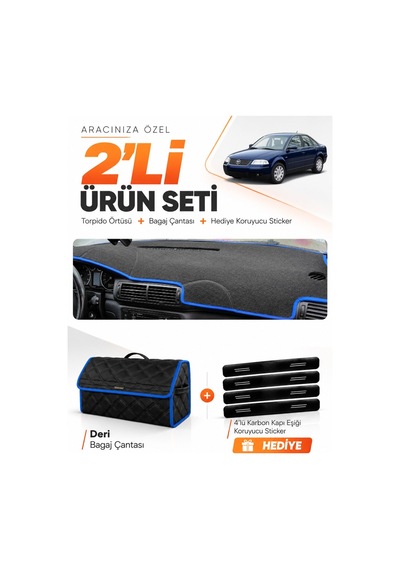 E-biz Volkswagen Passat B5.5 2000-2005 Uyumlu Torpido Örtüsü + Deri Çanta - Siyah-mavi - Vw015