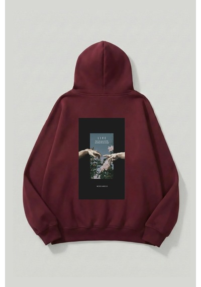 Uyguntarz Unisex Yumuşak Dokulu Live Baskılı Tasarım Oversize 3 İplik Hoodie Sweatshirt Bordo