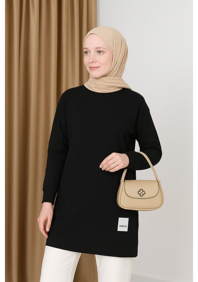 Unika Boutique Kadın Bisiklet Yaka Tesettür Yırtmaçlı Armalı Tunik Sweat Sweatshirt Siyah