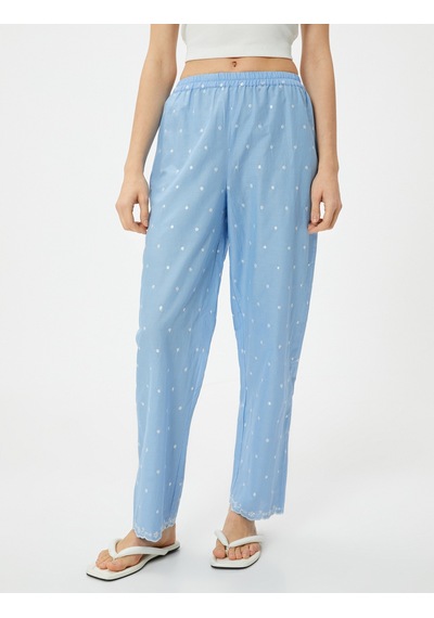 Koton Pamuklu Pijama Altı Düz Paça Beli Lastikli Nakışlı Mavi 4slk50037mw Mavi