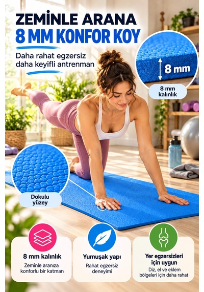 Mavi Pilates Yoga Matı Dokulu Egzersiz Fitness Minderi Evde Spor Ve Esneme Minderi 170x56 Cm 8 Mm