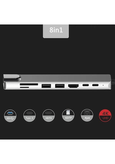 Ally 8 Port Usb 8in1 3.0 Type-c Hdmi 3xusb+2 Pd Rj45 Hub Adaptör Çoklayıcı Tf Sd Kart- 5775