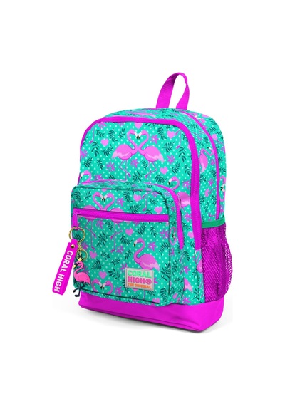 Coral High Kids Su Yeşili Pembe Flamingo Desenli Dört Bölmeli Okul Sırt Çantası 23712