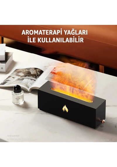 Robeve Şömine Görünümlü Aroma Difüzör Ve Hava Nemlendirici Alev Efektli Led Işıklı, Sessiz Çalışan Ultrasonik Buhar Makinesi, Aromaterapi Ve Dekoratif Ortam Aydınlatması Siyah