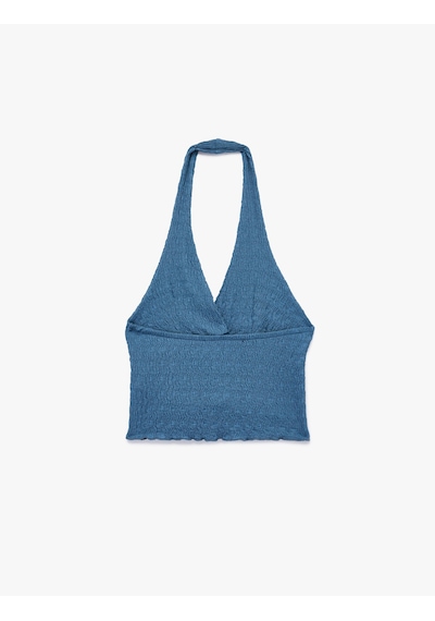 Koton Bürümcük Kolsuz V Yaka Halter Yaka Crop Bluz Mavi 6sal30107ık