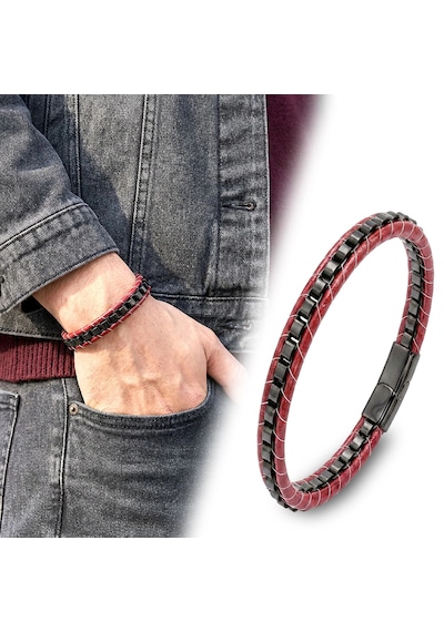 Moncuk Design Siyah Çelik Zincir Örgülü Ve Kırmızı Deri Erkek Bileklik 33514b24d2 Çok Renkli