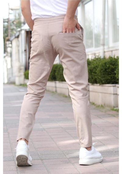 Tarz Cool Erkek Eganis Ipli Jogger Düğmeli Kumaş Pantolon Vizon