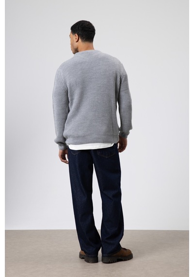 Vamos Bisiklet Yaka Oversize Triko Kazak V60-10 Gri Melanj